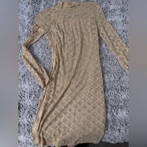 Embellished Long Sleeve Nude Bodycon Dress